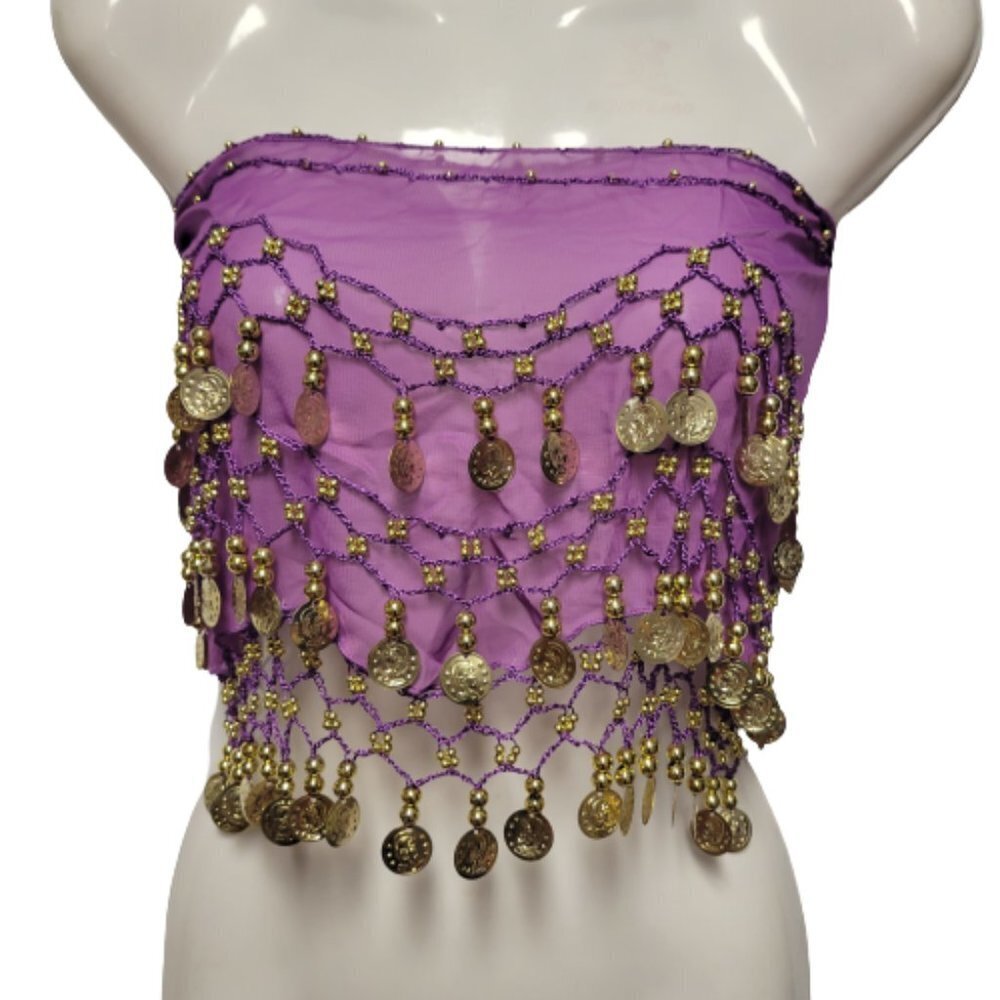 Purple Belly Dance Skirt Scarf, HipScarf with Crocheted Gold Beads Coins - Picture 4 of 5